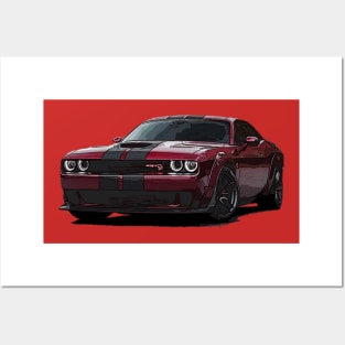 Explosive Blaze: Red Dodge Challenger Fiery Front Full Body Posterize Car Design Posters and Art